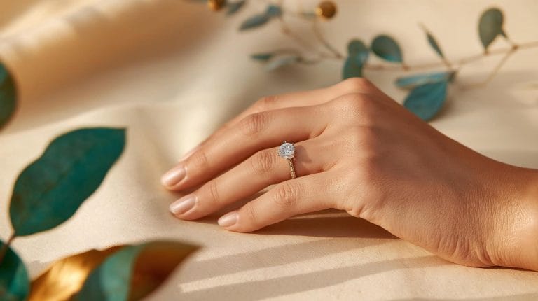 Engagement ring and wedding band stacked together on a hand in soft natural light