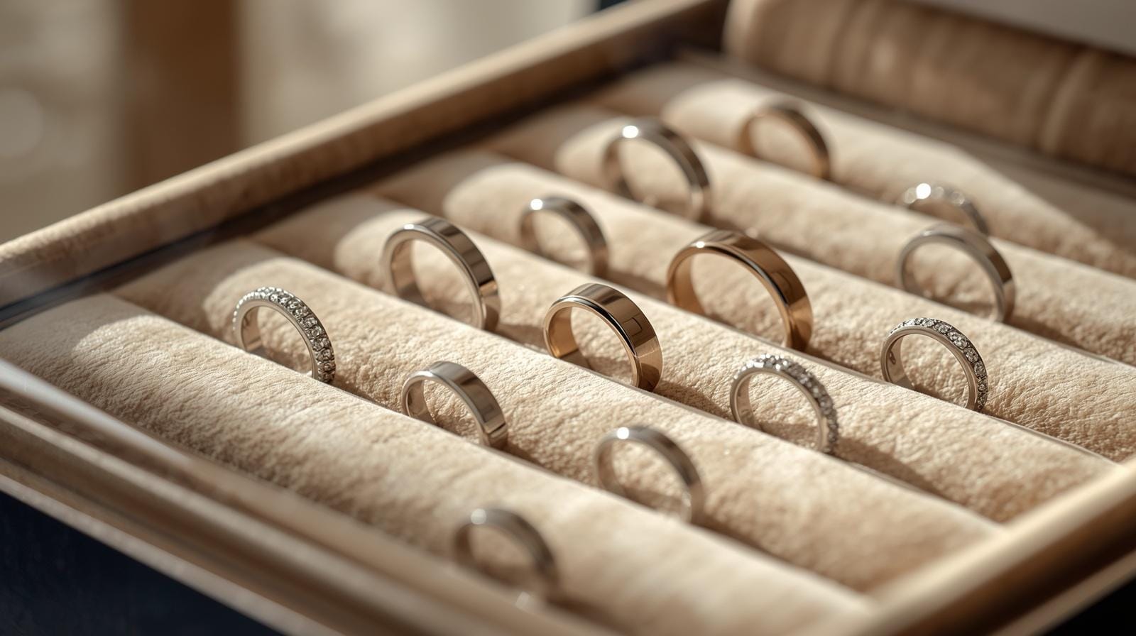 Jeweller showing curved, straight and contoured wedding bands on a velvet tray