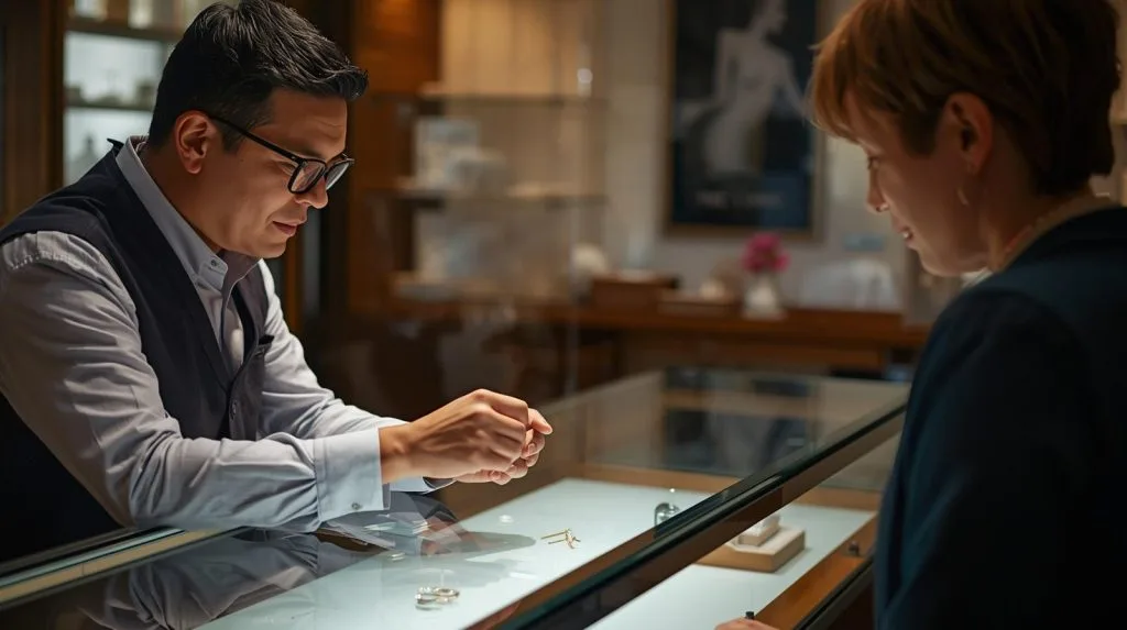 a jeweller showing a piece to a customer across a glass display case.