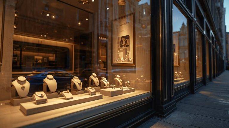 Luxurious diamond and gold necklaces showcased in a high-end jeweller's window at dusk.