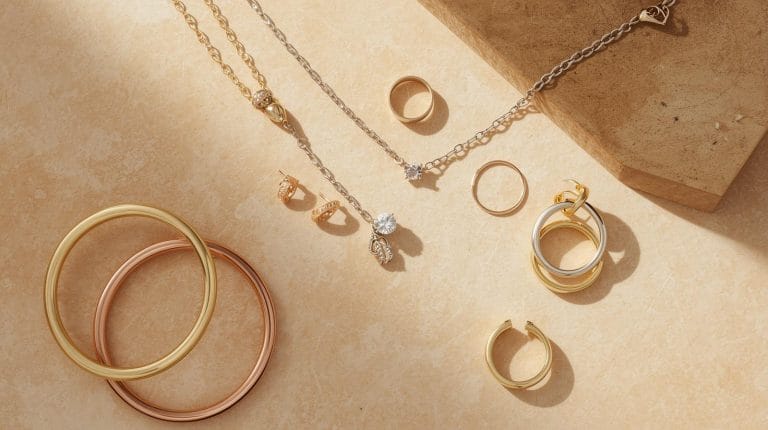 Mixed gold, rose-gold and silver jewellery styled together