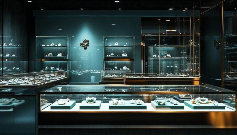 Elegant jewellery display showcasing rings and necklaces in a high-end boutique store.