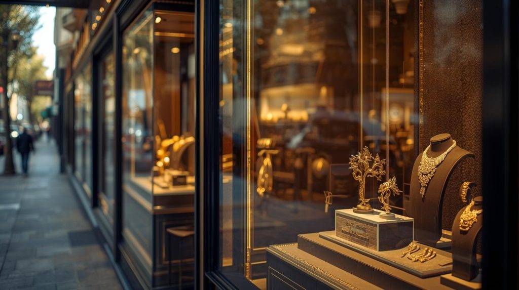 Glamorous jewelry showcase featuring gold necklaces, rings, and accessories.