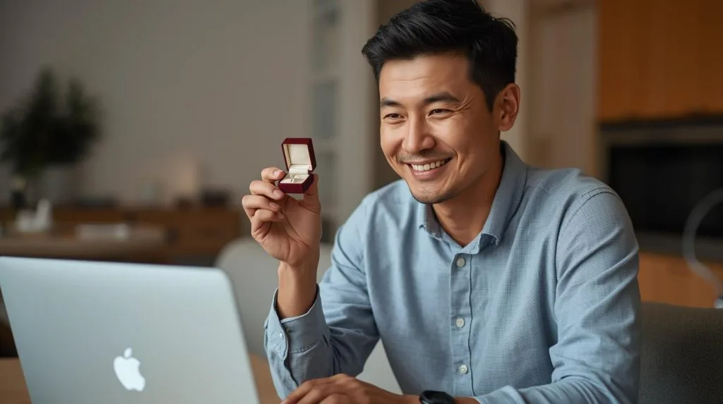 person sitting at laptop smiling while holding a small jewellery gift box