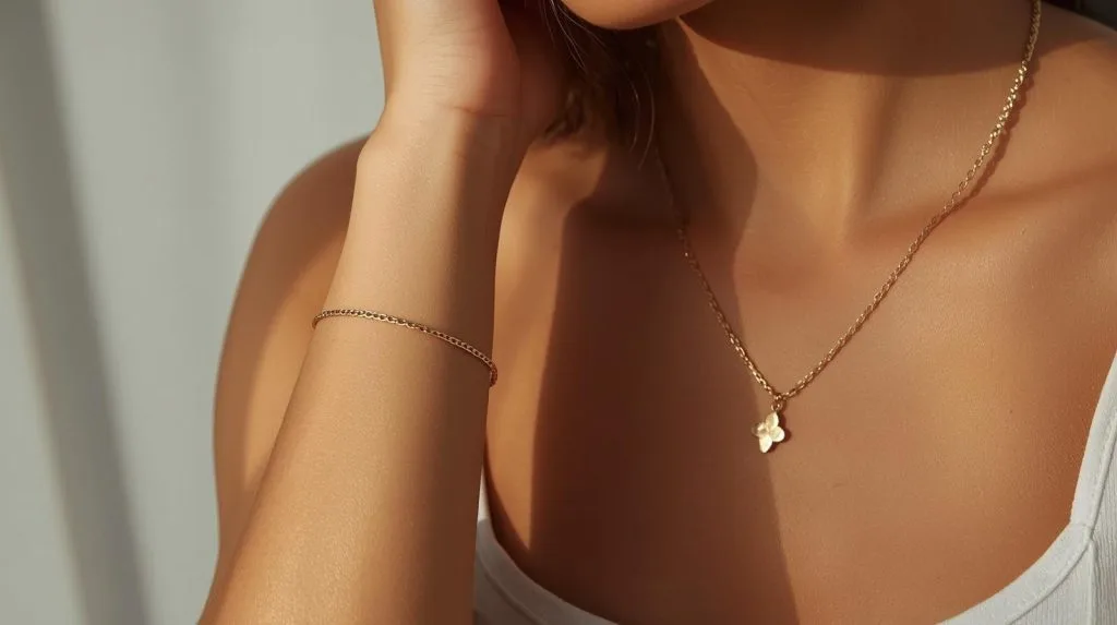 woman wearing a delicate gold bracelet and pendant necklace