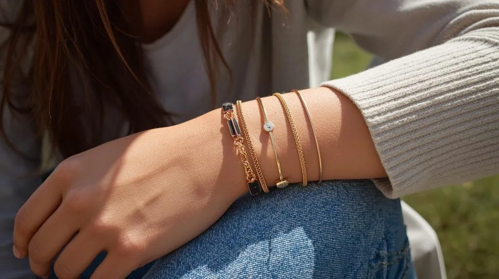 woman's arm with stacked gold and mixed metal bracelets in natural light